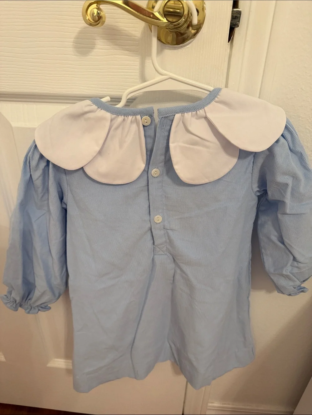 Classic Blue Long-Sleeve Kids Dress with White Petal Collar